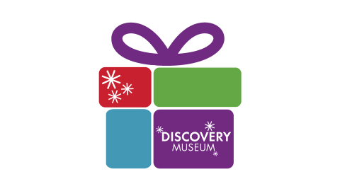 graphic of gift box that says, "Discovery Museum"