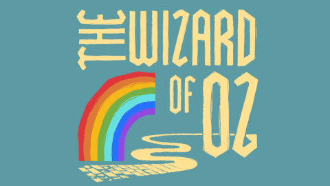 The words "The Wizard of Oz" in yellow on a teal background with a rainbox in the lower corner