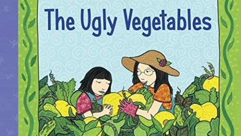 Book cover for "The Ugly Vegetables" with illustration of an Asian woman and Asian girl in a garden holding vegetables